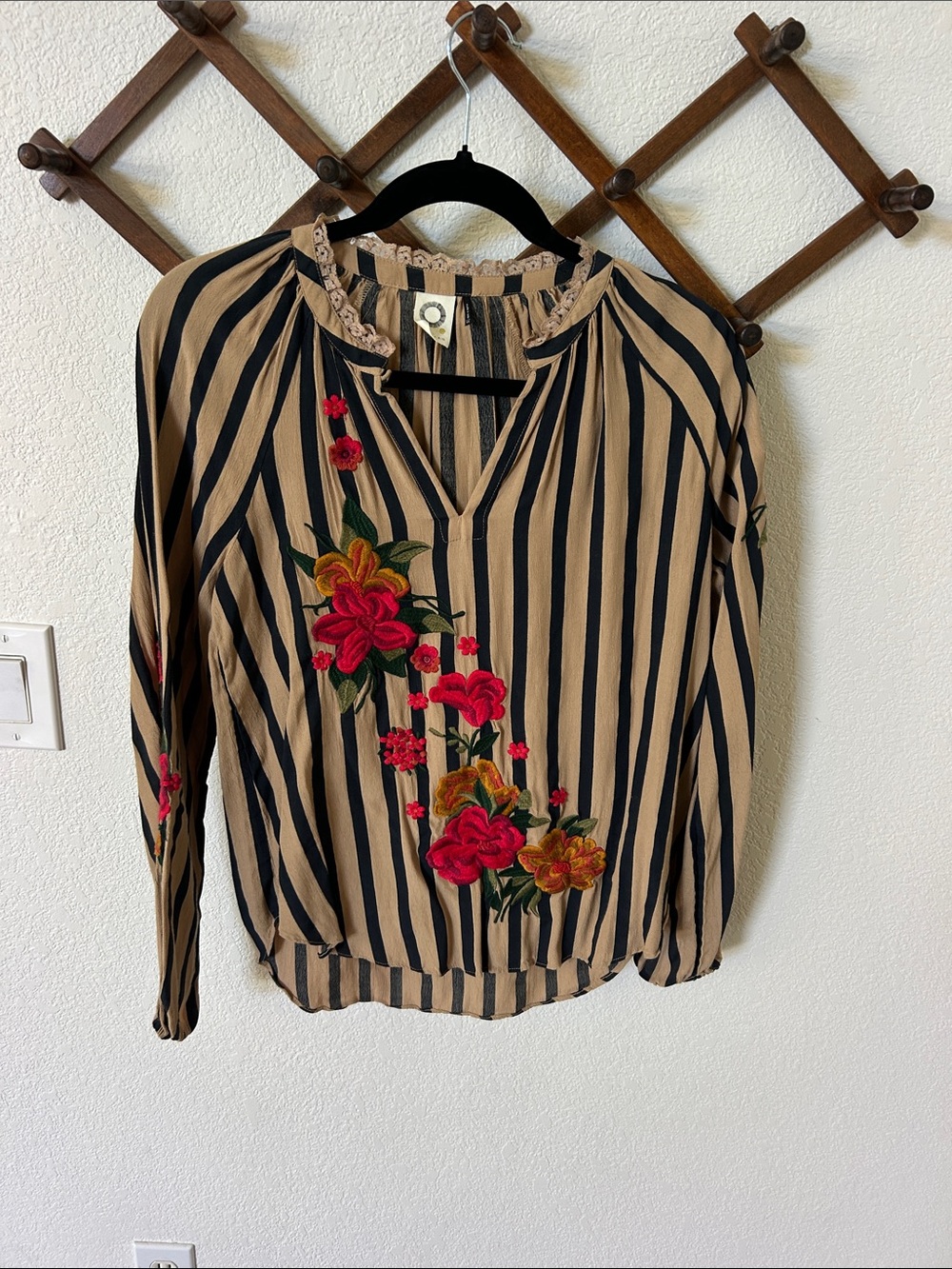 Akemi + Kim Striped Tan & Black Blouse with Floral Embroidery